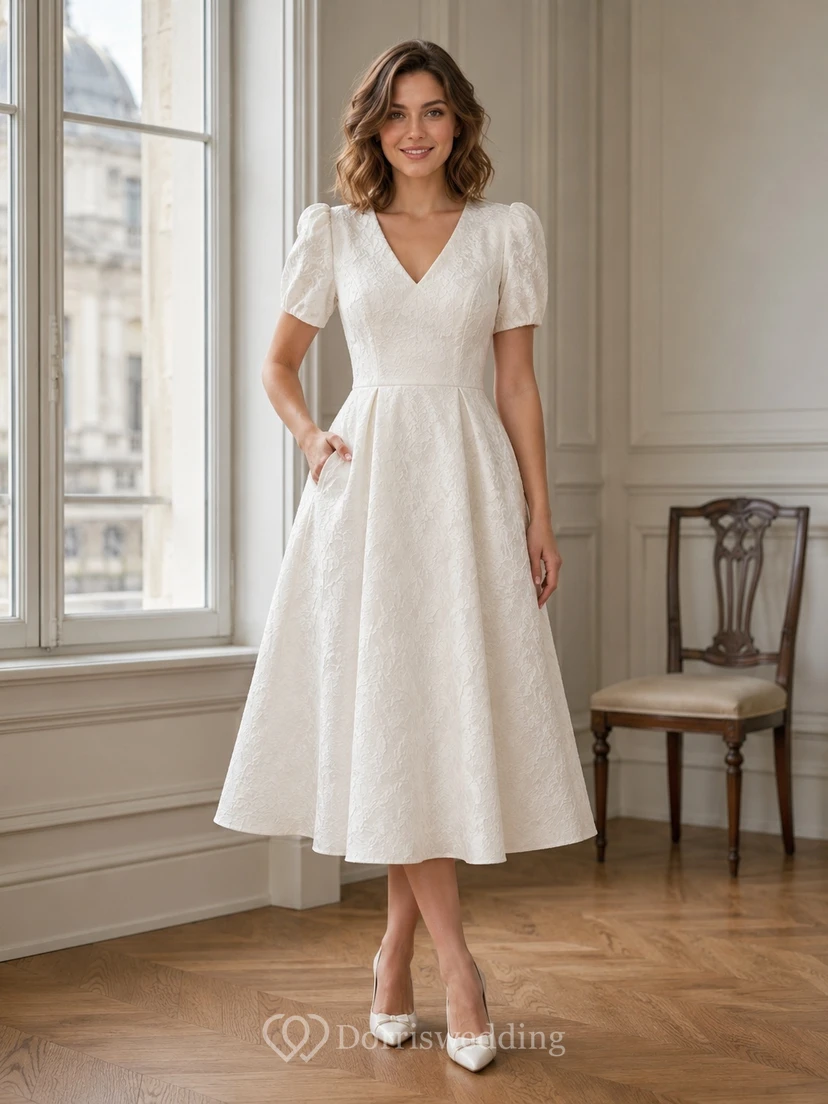 Courthouse Spitzen-Brautkleid mit kurzen Ärmeln, V-Ausschnitt, Vintage-Stil, schlichter A-Linien-Schnitt, Teelänge
