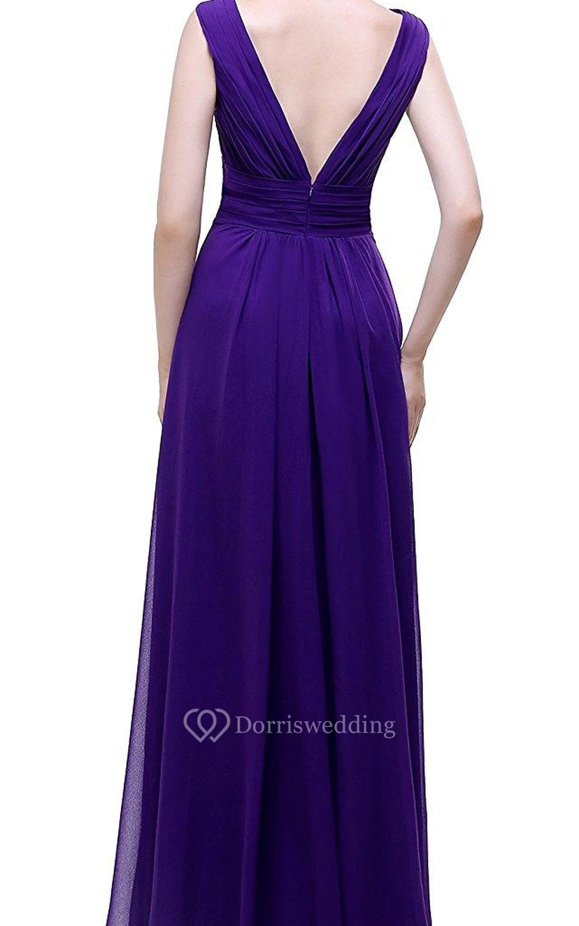 Purple Empire V-neck Beaded A-line Chiffon Dress With Low-v Back view 2