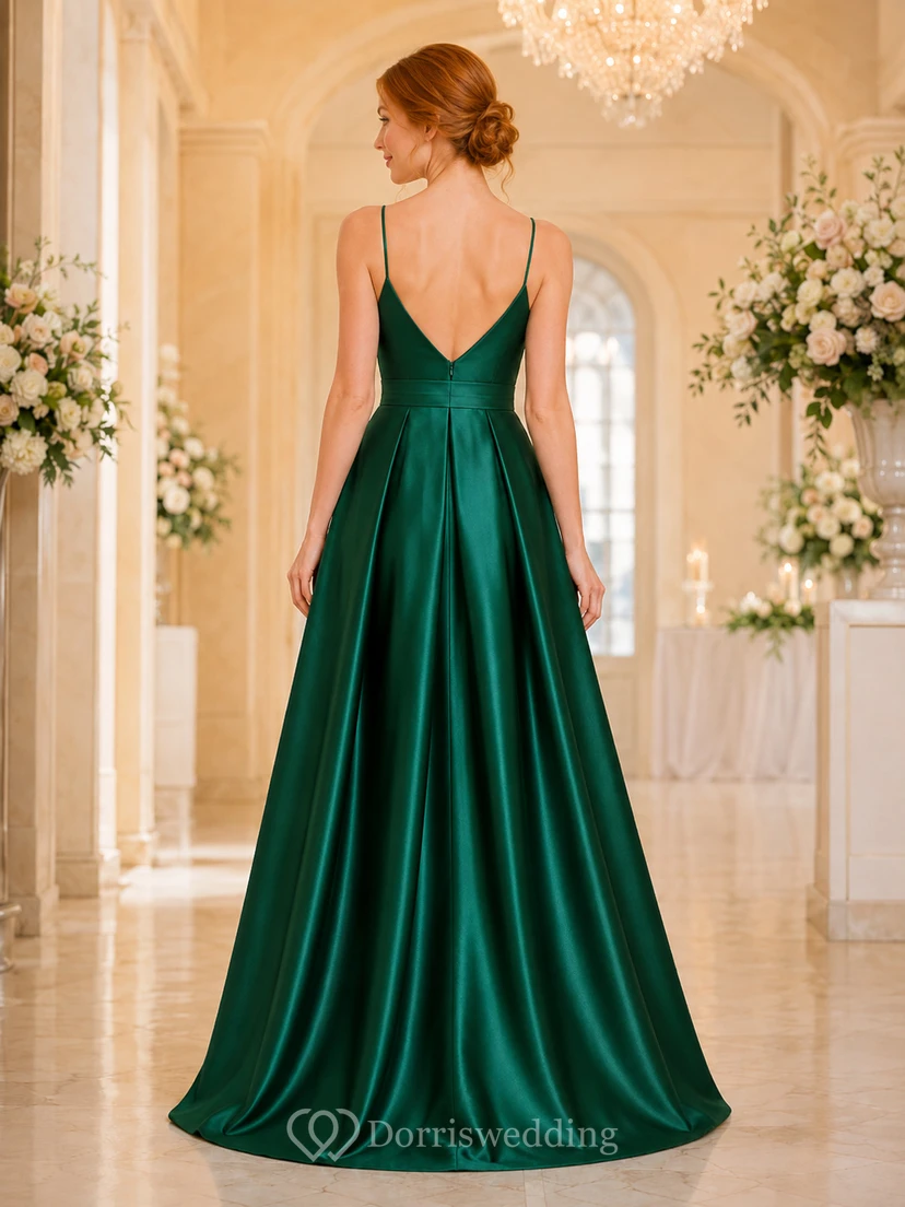 Emerald spaghetti V-neck satin floor length A-line bridesmaid dress view 2
