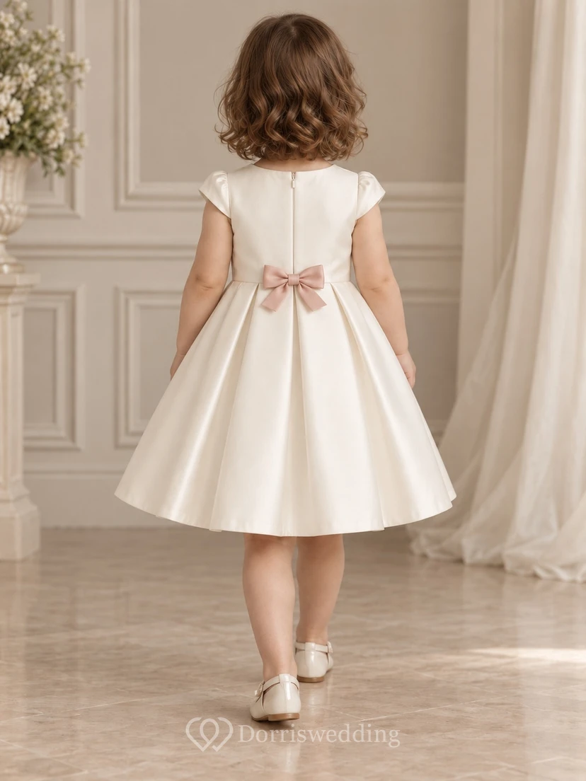 Simple Modest Ivory Knee Length Cap Sleeve Compact Rose Bow Flared Flower Girl Dress