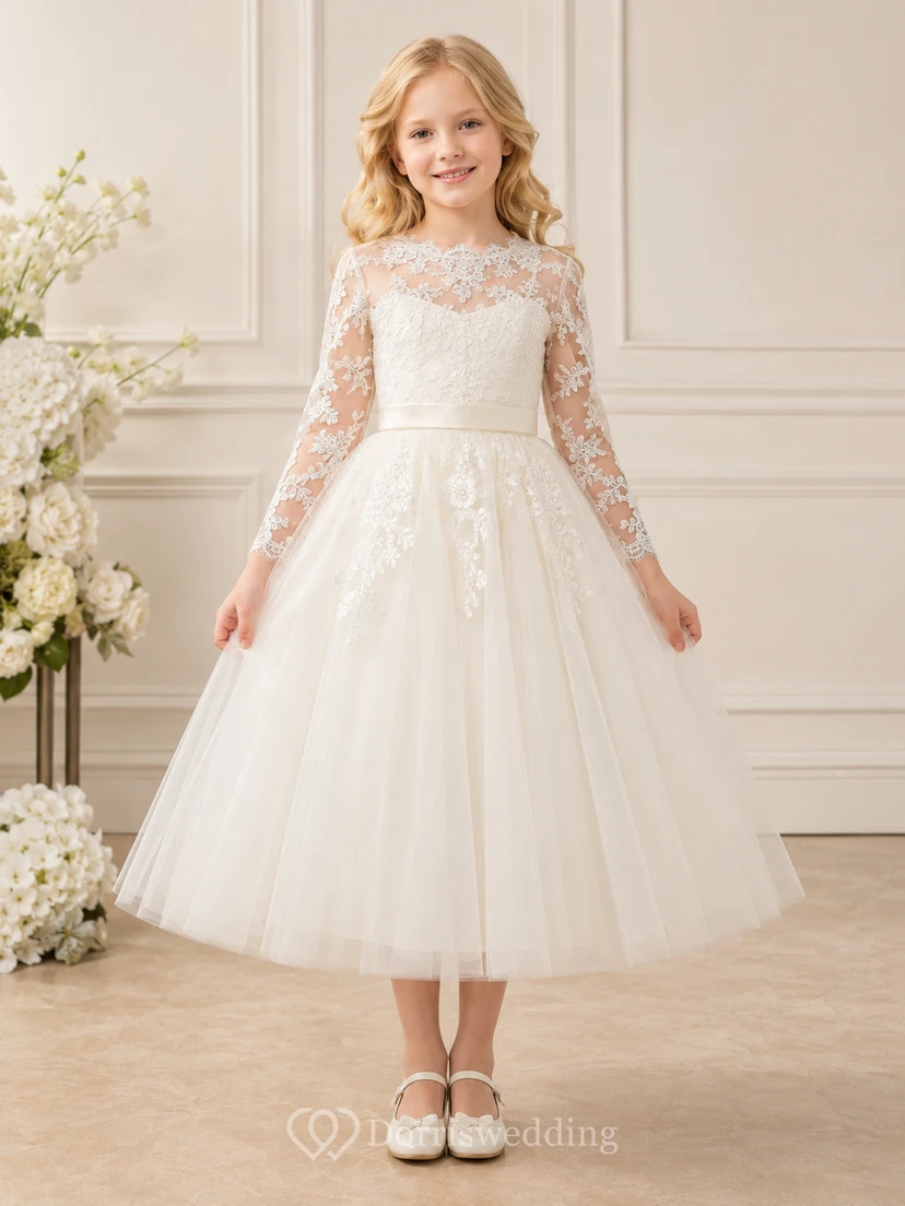 Flower Girl Dress A-Line Cream Modest Lace Long Sleeve Tulle Formal