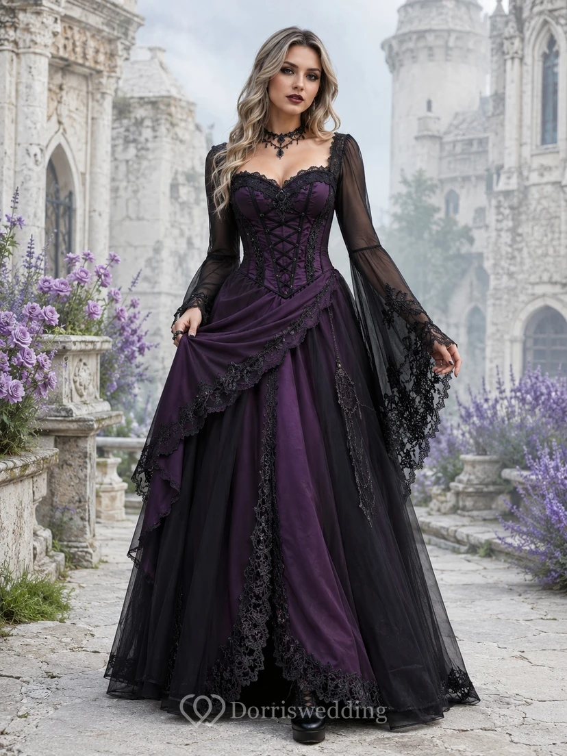 Purple Bohemian Long Sleeve Lace Sweetheart A-Line Floor-length Romantic Gothic Dress