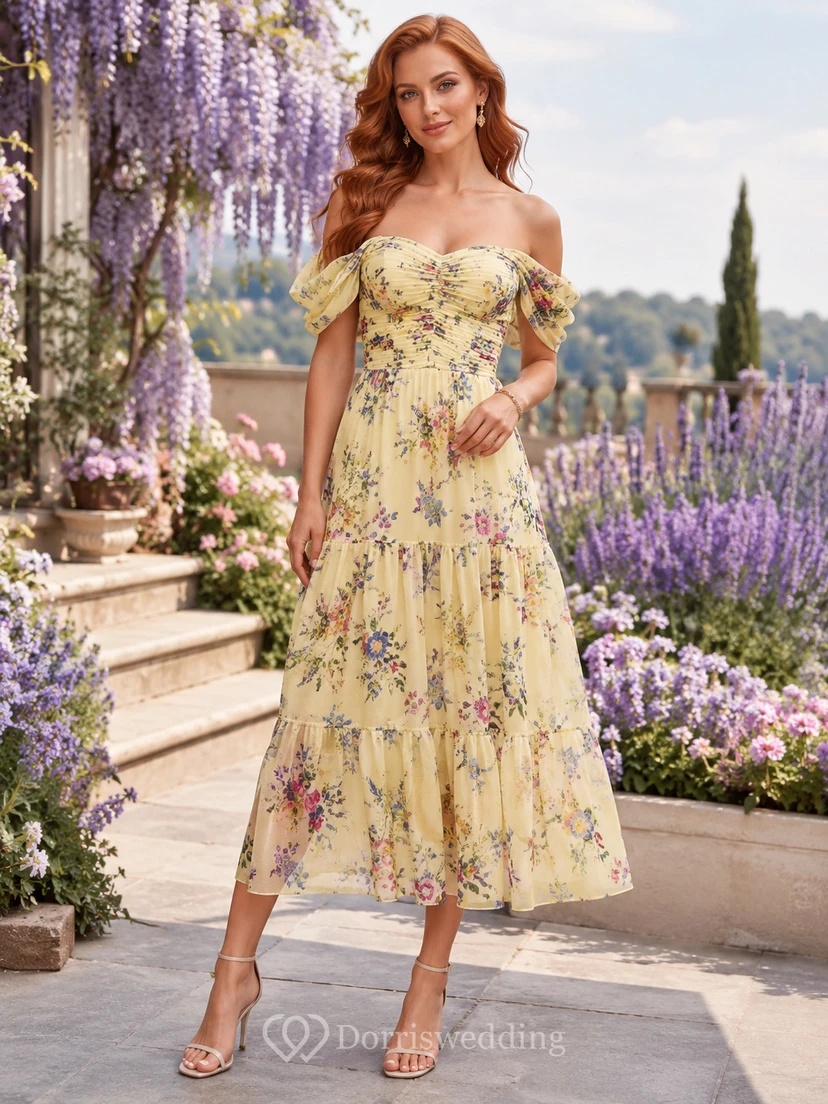 Yellow off shoulder floral flutter sleeve garden midi dress