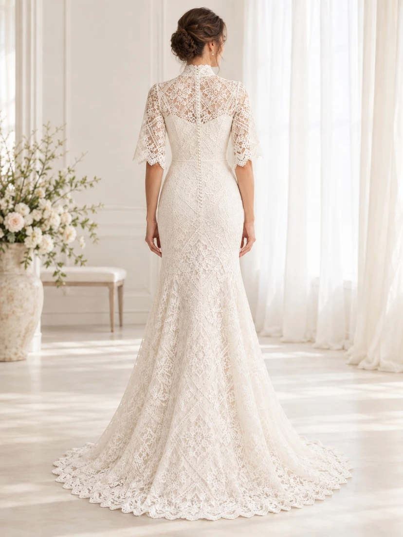 Vestido de novia romántico de manga corta, cuello alto, estilo sirena, encaje floral y algodón, largo hasta el suelo. view 2