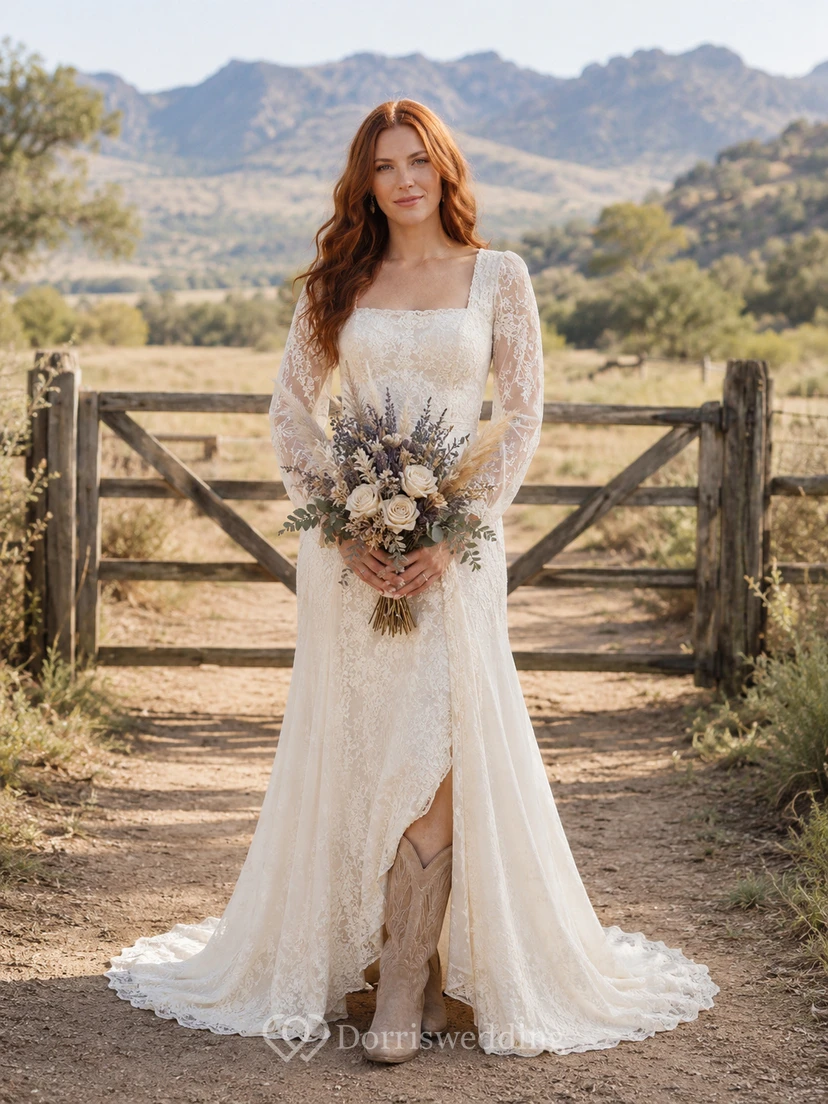 Vestido de novia premamá con escote corazón y mangas largas de encaje, vestido de novia estilo jardín.