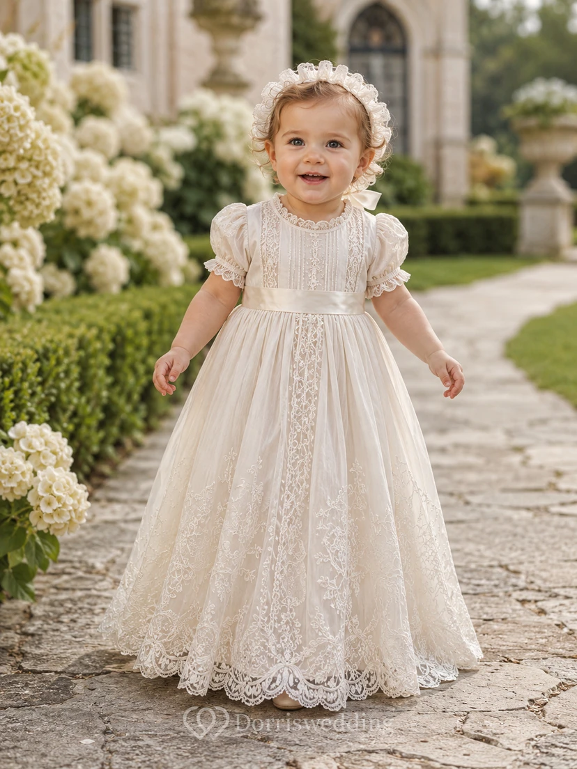 Vestido de bautizo de estilo clásico, corte en A, largo hasta el suelo, cuello alto, mangas abullonadas, tul, encaje, lazo en la espalda y botones en la espalda.