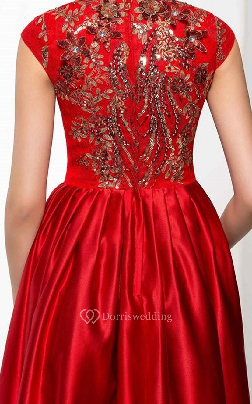 High Neck Cap Sleeves Appliques Beading Asymmetry Prom Dress view 6