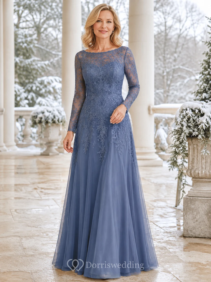Stahlblaues, schlichtes, langärmeliges A-Linien-Kleid mit Illusionsspitze in Bodenlänge – ideal für die Mutter der Braut im Winter