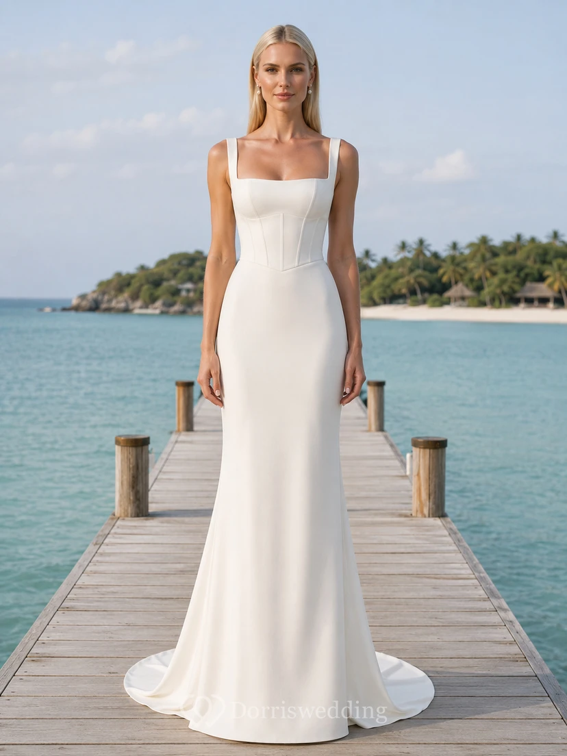 Robe de mariée sirène en satin satiné, coupe sirène, col carré et bretelles larges, style minimaliste, idéale pour la plage. Dos échancré et traîne.