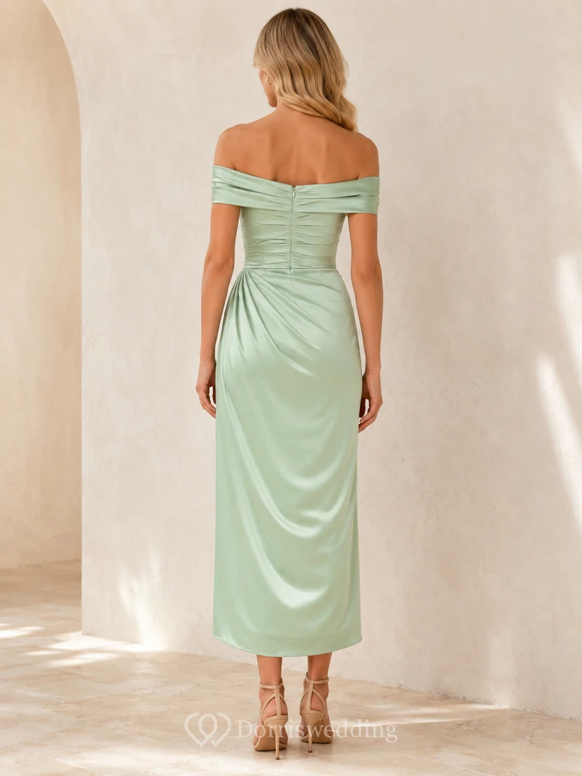 Mint Green Off Shoulder Draped Satin Midi Sheath Cocktail Dress view 2