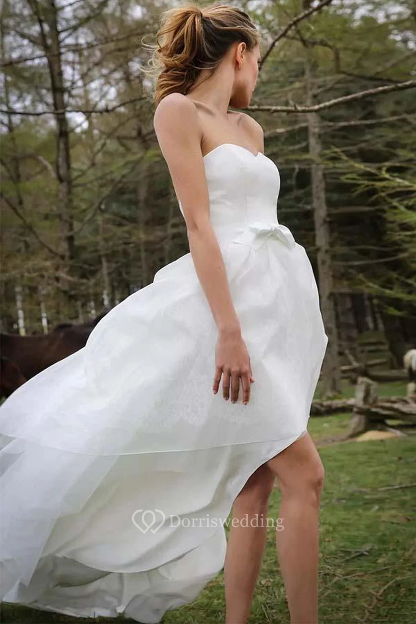 Robe de mariée asymétrique à décolleté cœur sans manches en organza appliqué view 2
