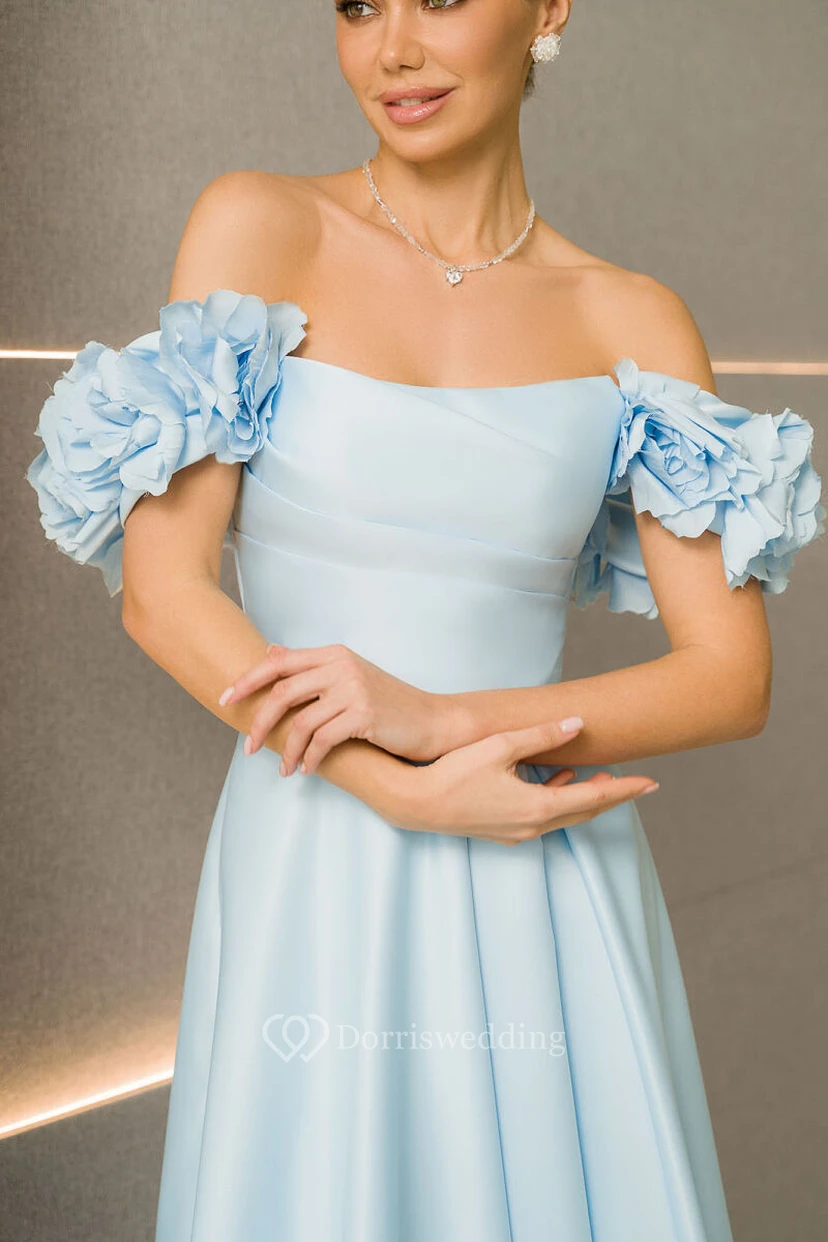 Sky Blue Tea-length Elegant Ruffled Off-the-shoulder Dress view 3