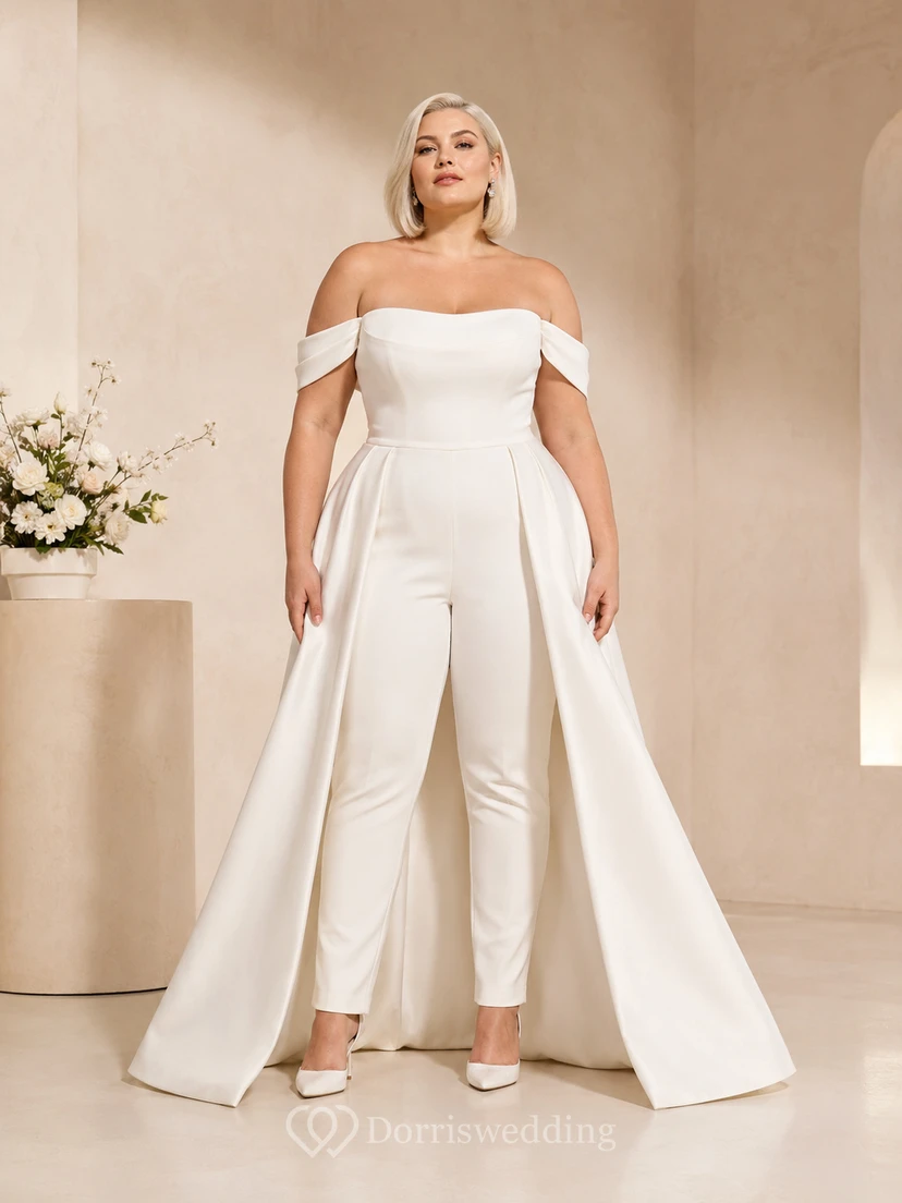 Combinaison de mariée en satin grande taille à épaules dénudées avec surjupe trapèze amovible, tenue de mariage moderne