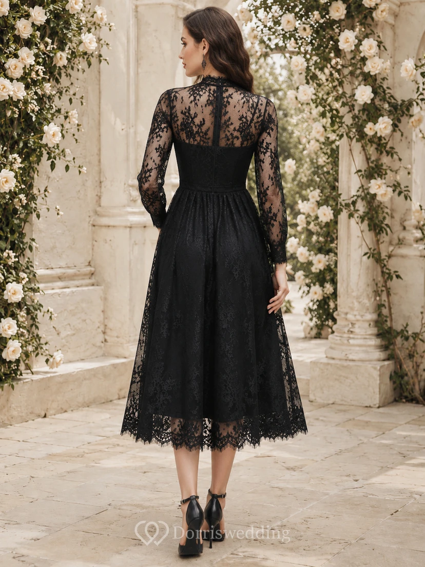 Vestido midi negro de manga larga con encaje ilusión y cuello alto para invitadas view 2