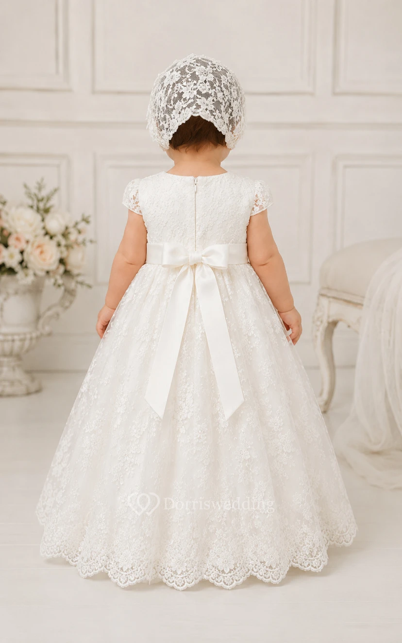 Robe de baptême pour bébé, coupe trapèze, manches courtes, tulle et dentelle, longueur au sol, avec ceinture à nœud, blanche view 2