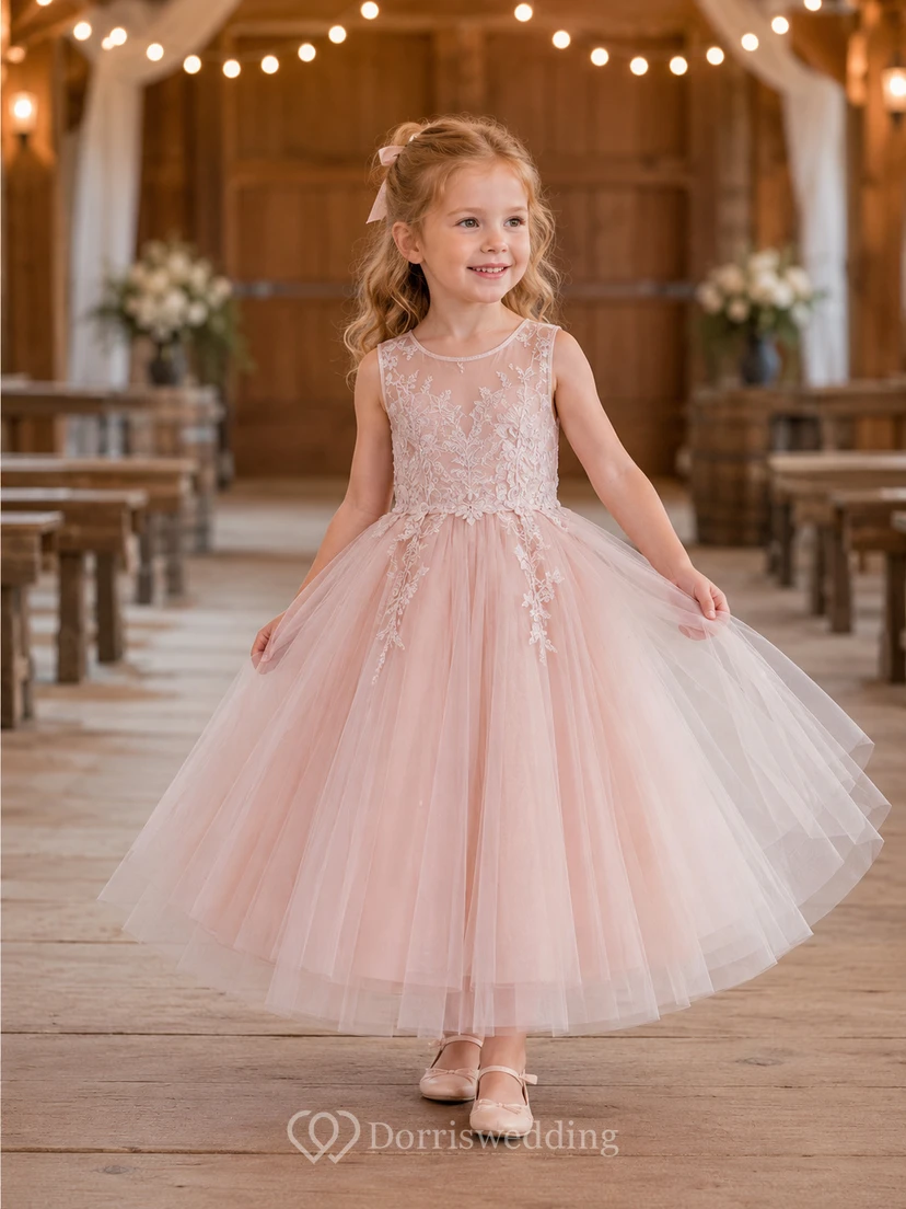 A-Line Flowergirl Blushing Pink Lace Tulle Floor-Length Sleeveless Floral Applique Rustic Barn Wedding Dress