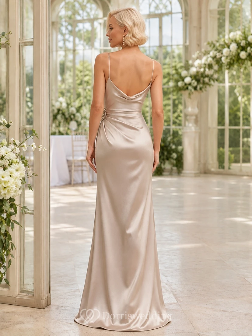 Elegant Champagne Cowl Neck Sleeveless Satin Mermaid Floor-length Gown view 2