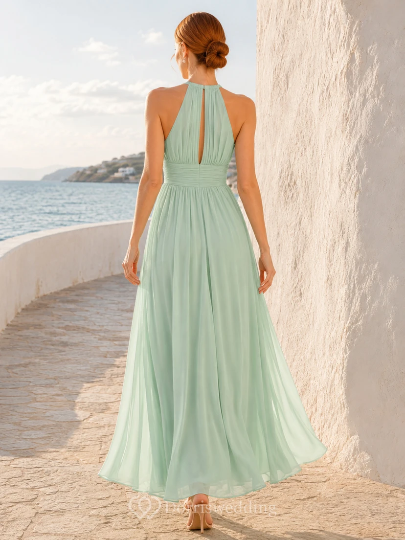 Mint green halter pleated chiffon floor length beach bridesmaid dress view 2