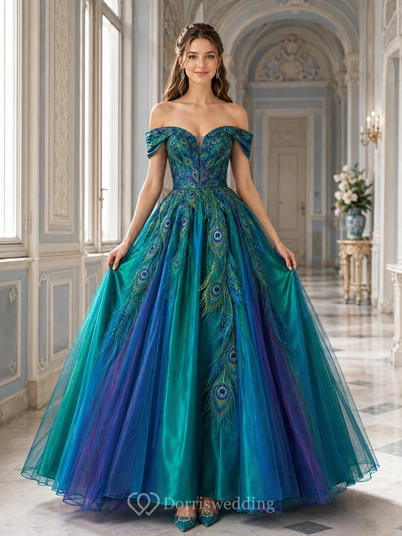 Peacock Prom Dress A-Line Tulle Printed Off-the-Shoulder Full Skirt Luxury Gown
