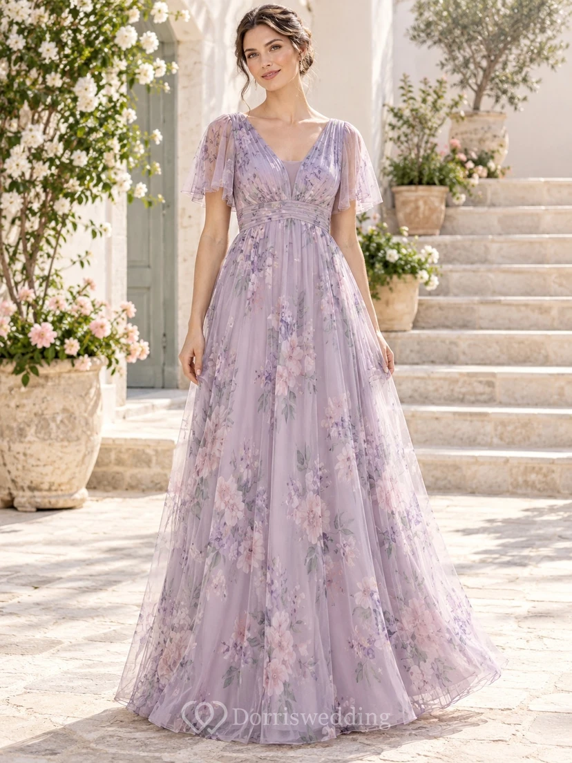 Vestido de dama de honor largo hasta el suelo de gasa con escote en V y mangas con volantes, estampado floral lavanda.