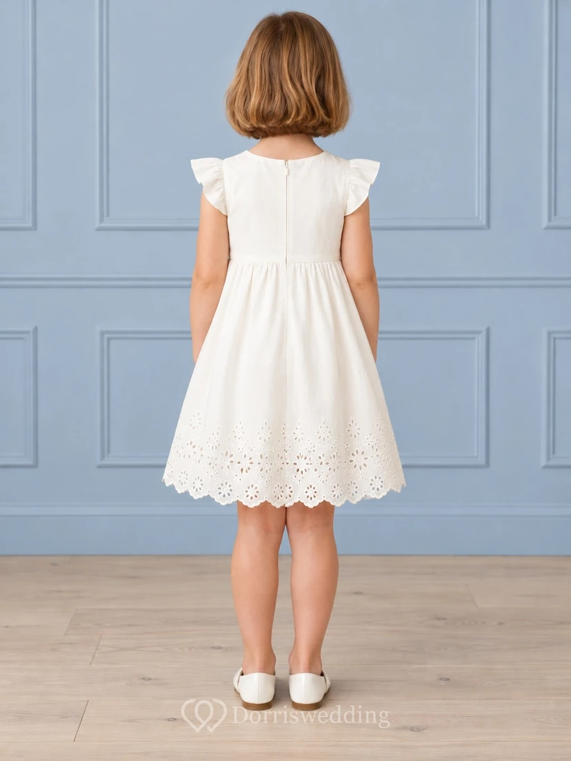 Simple Modest Ivory Knee-length Jewel Angular Flutter-sleeved Dense Daisy-Eyelet Scalloped-hem Gathered Zipped Flowergirl Dress view 2
