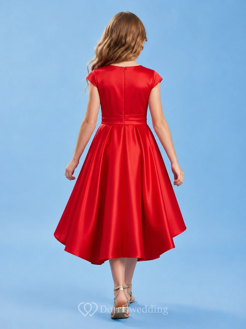 Red Square Neck Short Sleeve Satin High-Low Flowergirl Dress view 2