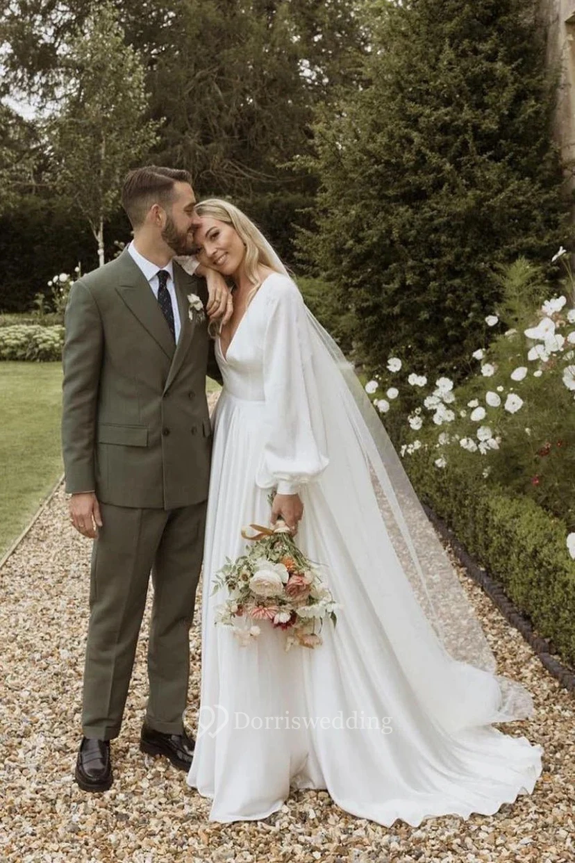 White Deep V-Neck Long Sleeve Wedding Dress view 3