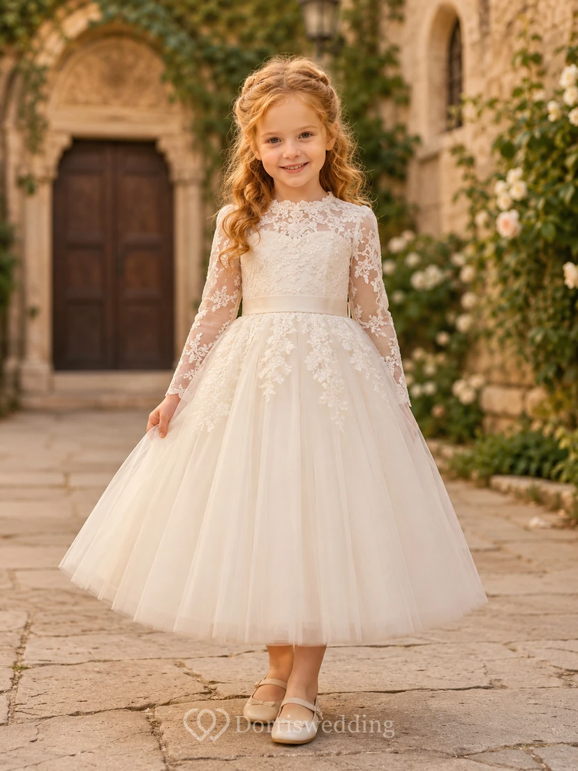 A-Line Heirloom Flower Girl Dress with Cap Sleeves, Lace Bodice, Floor-Length Tulle, Satin Waist, Heirloom Ceremony Style
