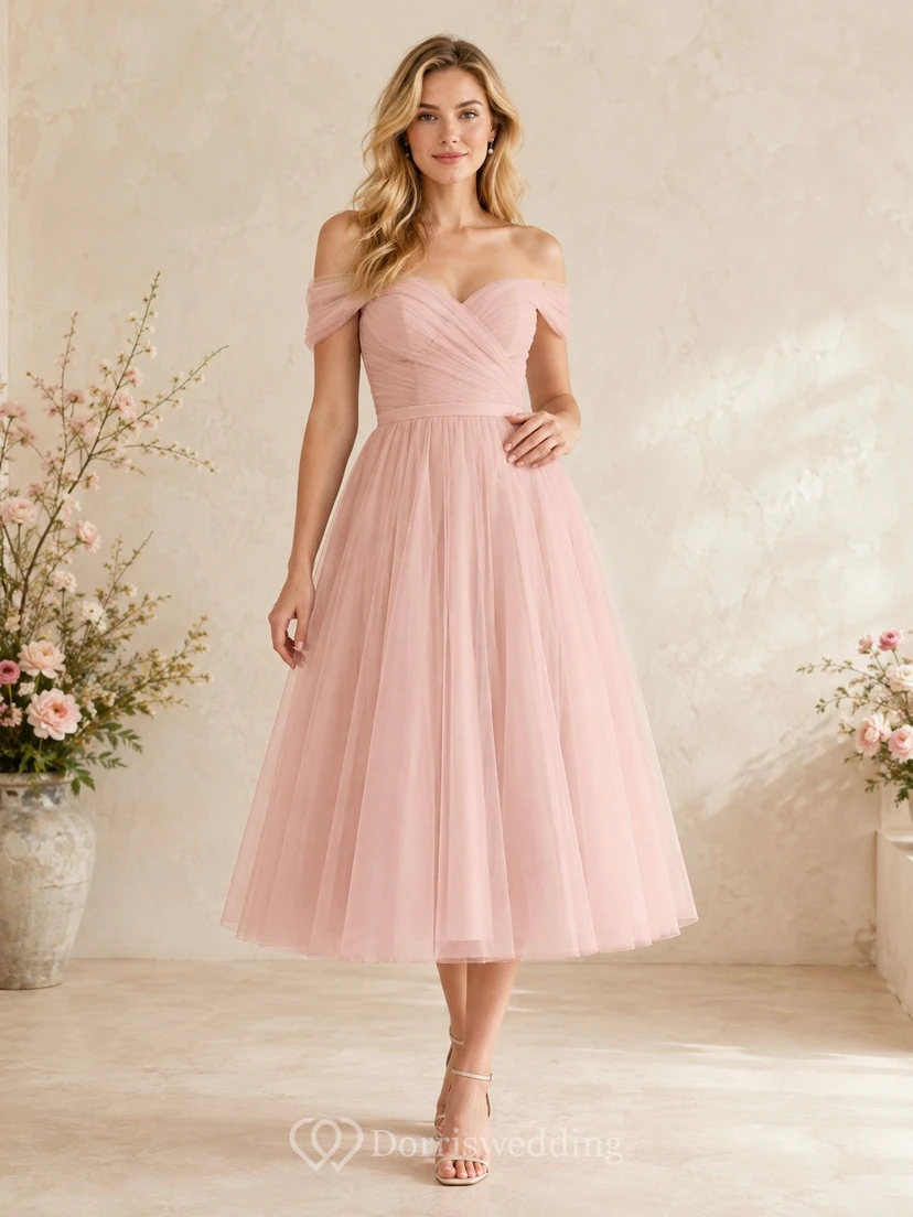 Tea-Length Blush Off Shoulder Tulle A-Line Romantic Formal Dress