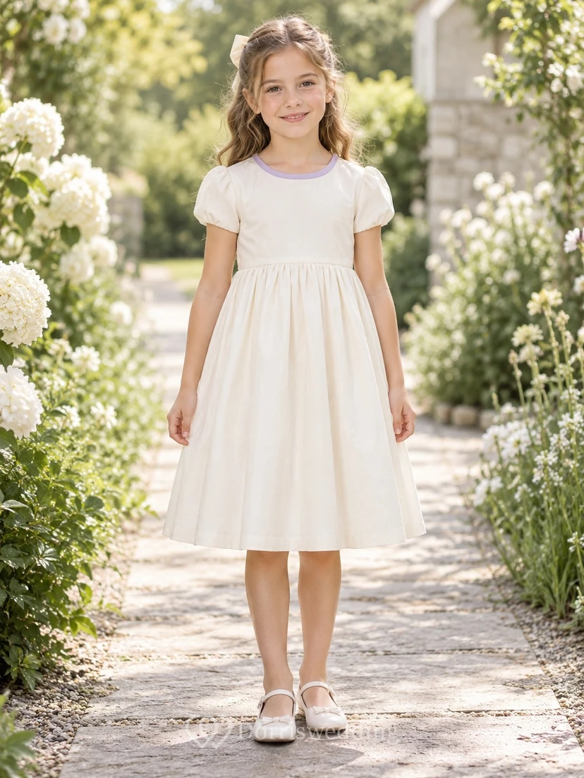 Simple Modest Cream Tea-length Lavender Bound Neck Straight Short Sleeve Flower Girl Dress view 2