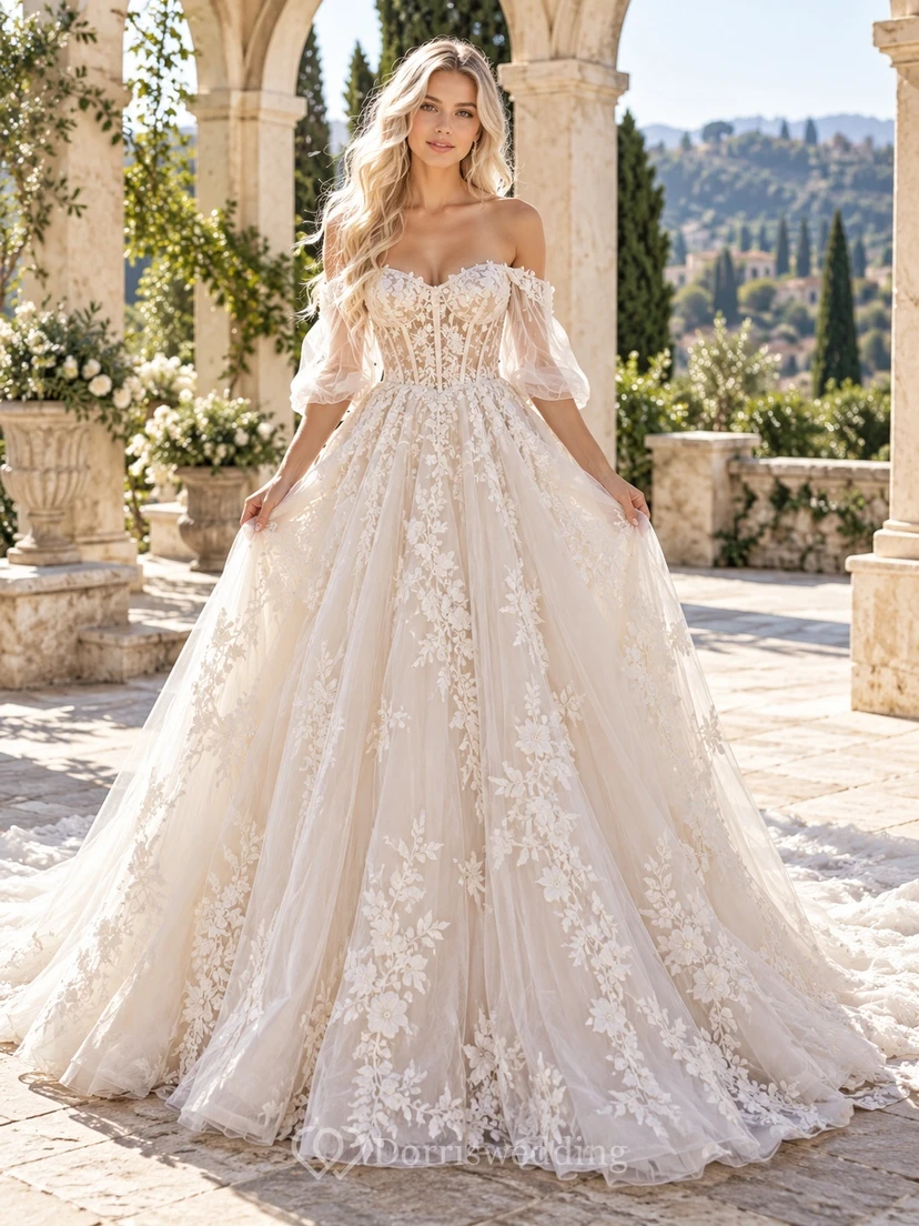 Boho Off Shoulder Sheer Puff Sleeve Floral Tulle Wedding Dress