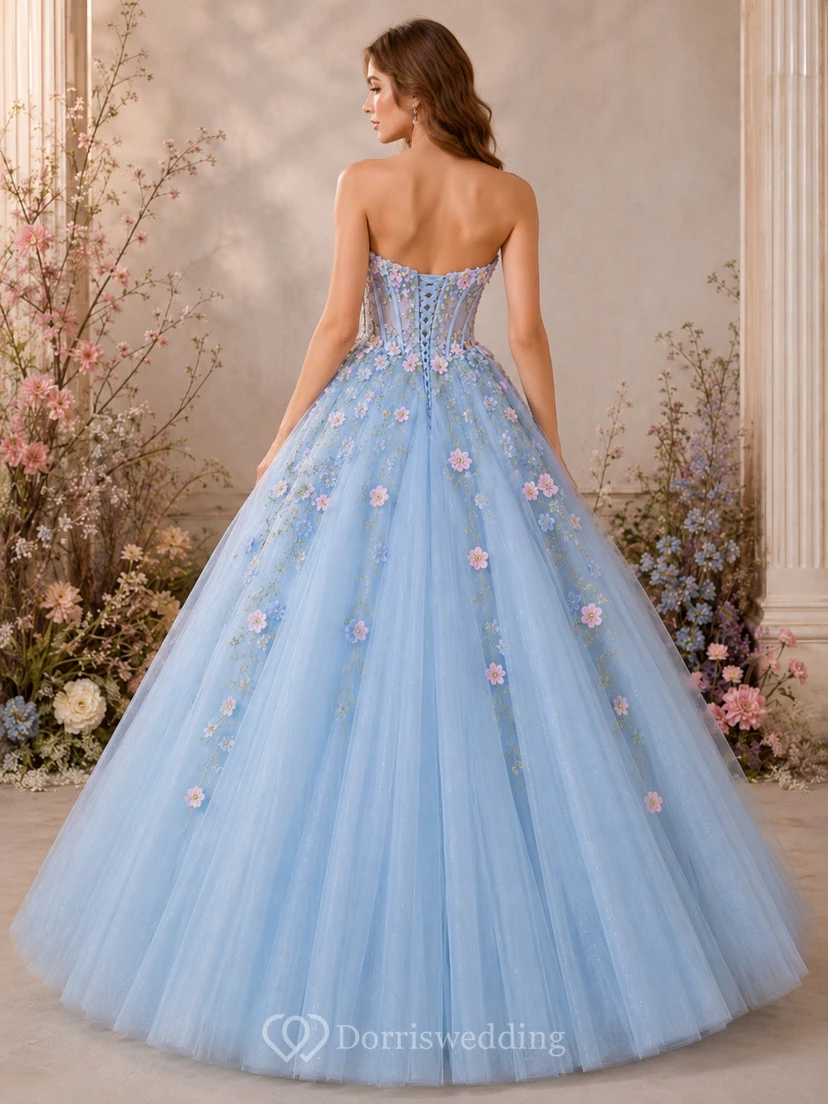 Ballkleid aus Spitze, trägerlos, ärmellos, mit Blumenapplikationen, bodenlang view 2