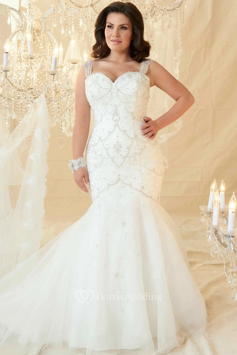 Mermaid Sleeveless Floor-Length Beaded Tulle Plus Size Wedding Dress