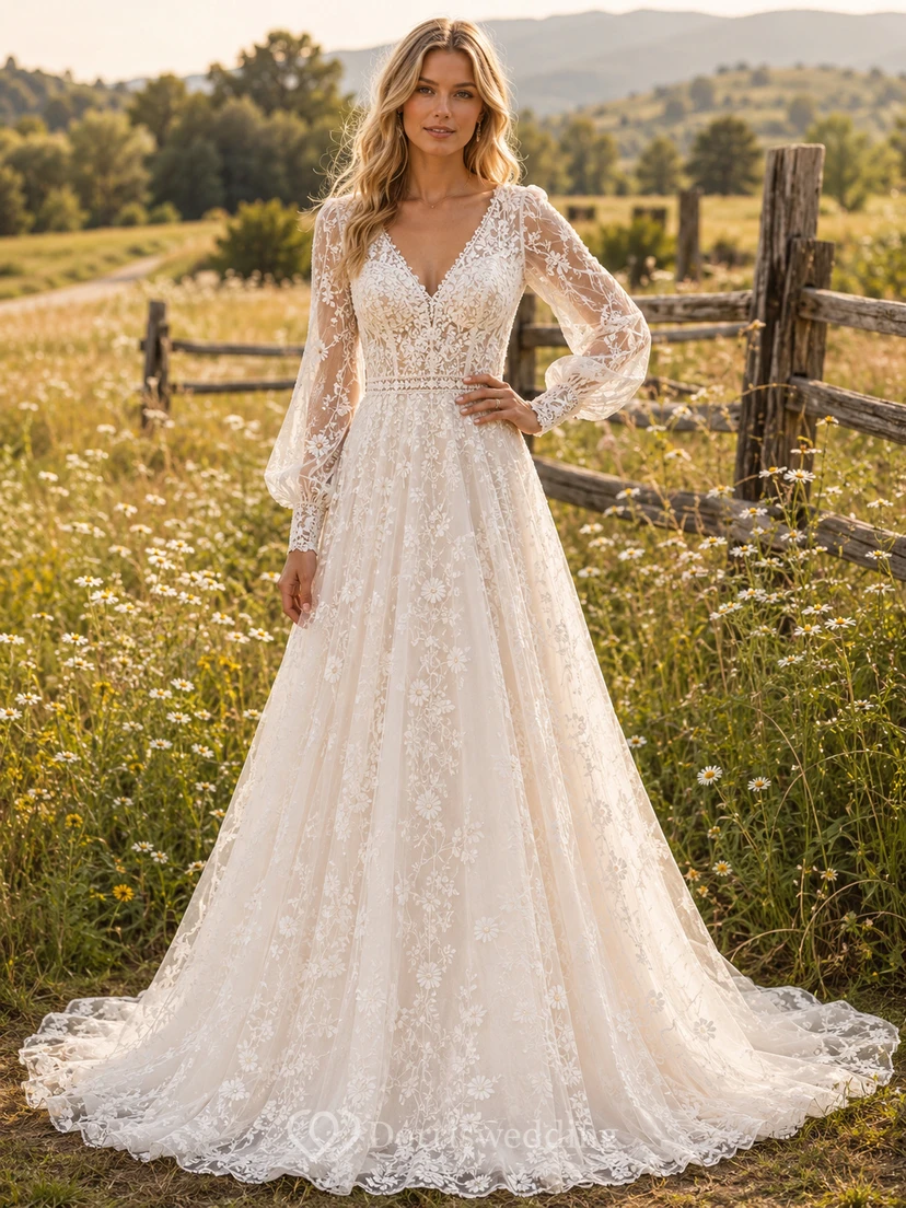 Robe de mariée champêtre en dentelle, coupe trapèze, col en V, manches longues, traîne chapelle