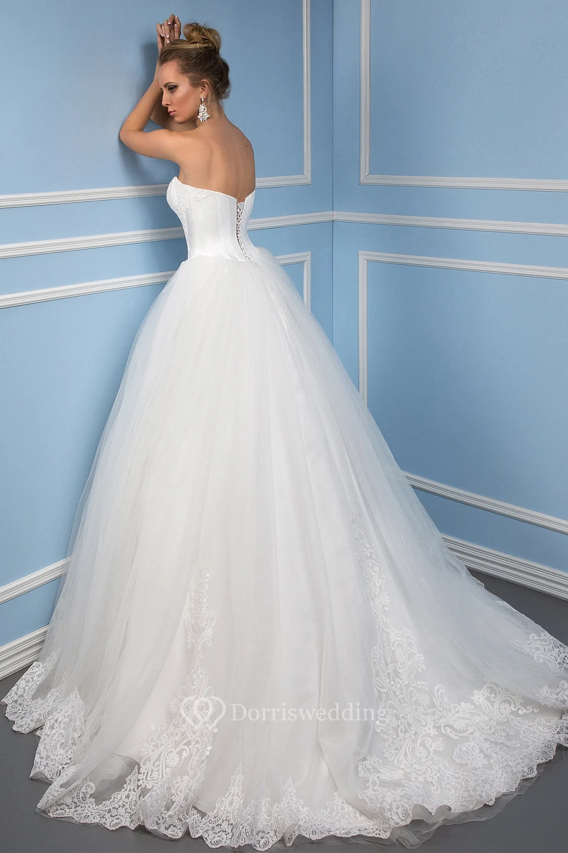 Maxi Sweetheart Appliqued Tulle Wedding Dress With Sweep Train And Corset Back view 2