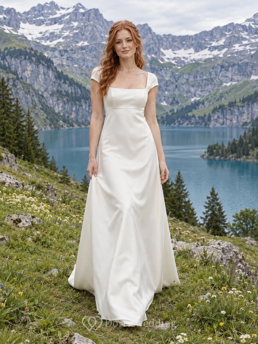 Vestido de novia sencillo de satén, corte recto, escote cuadrado, mangas cortas, cintura natural y cola larga.