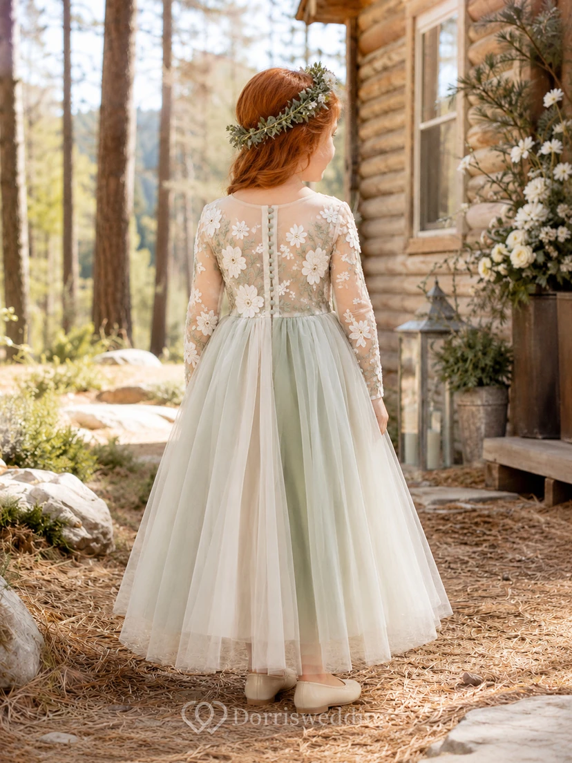 Flower Girl Dress A-Line Celadon Floral Lace Tulle Long Sleeve Cabin view 2