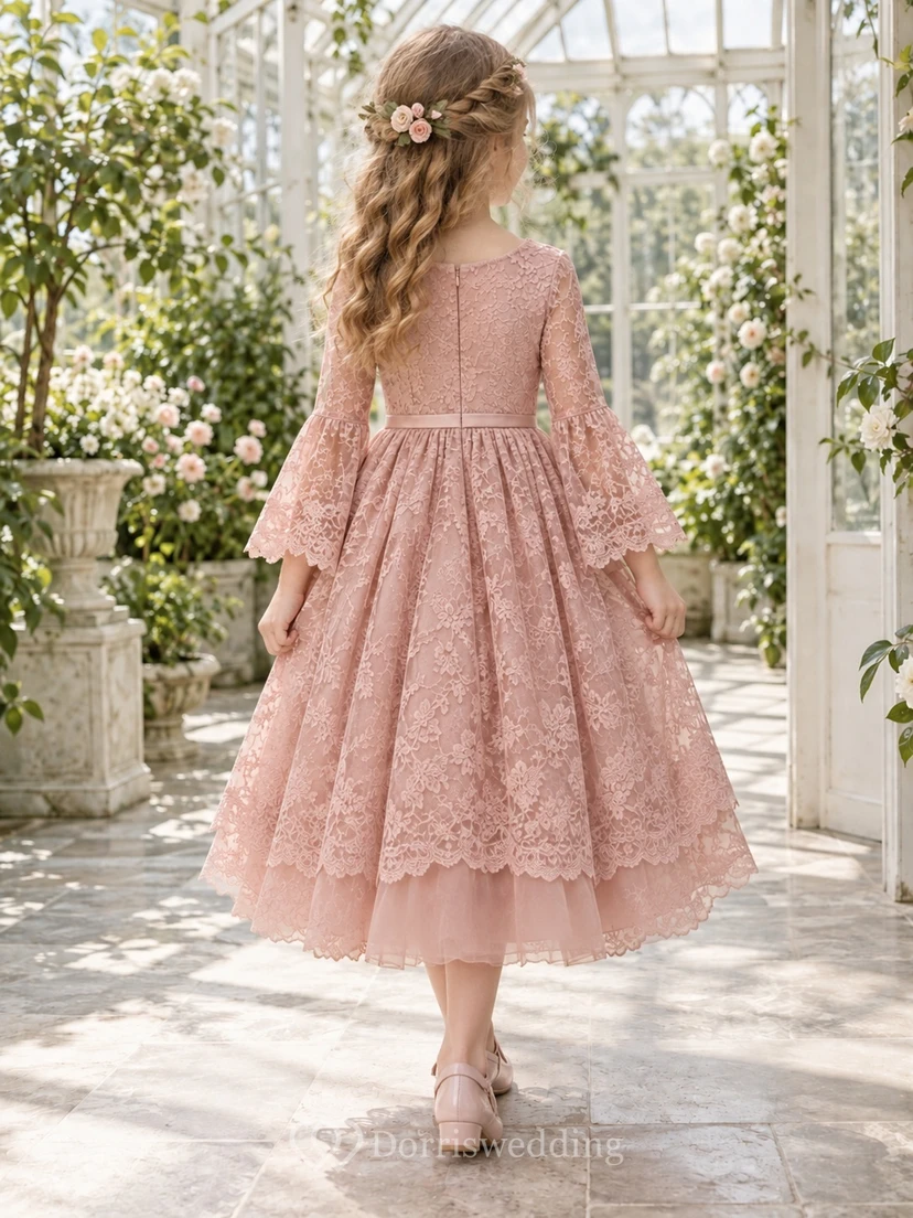 Tea-length Vintage Mauve Bell Sleeve Scoop Layered Scalloped Floral Lace A-Line Flowergirl Dress view 2