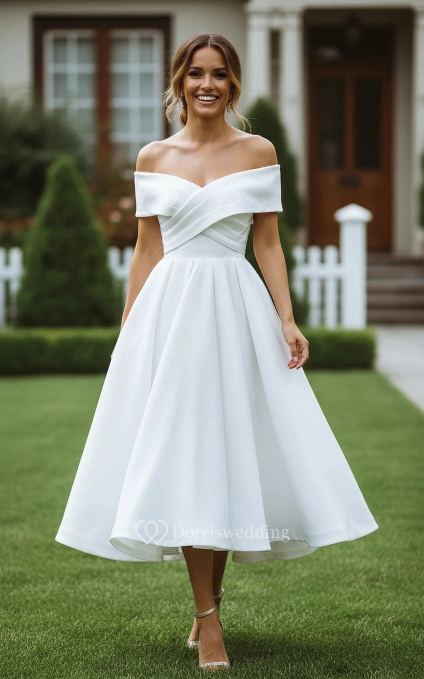 Robe de mariée mi-longue en satin à épaules dénudées, longueur thé