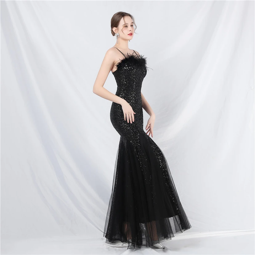 Craft Ostrich Feather Mesh Sequined Long Evening Dress view 57