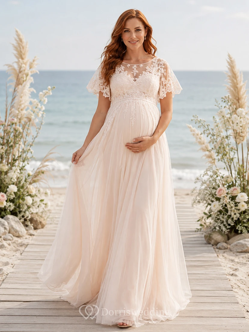 Beach Chiffon Wedding Dress Empire V-Neck Short Sleeve Floor Length Bridal Gown