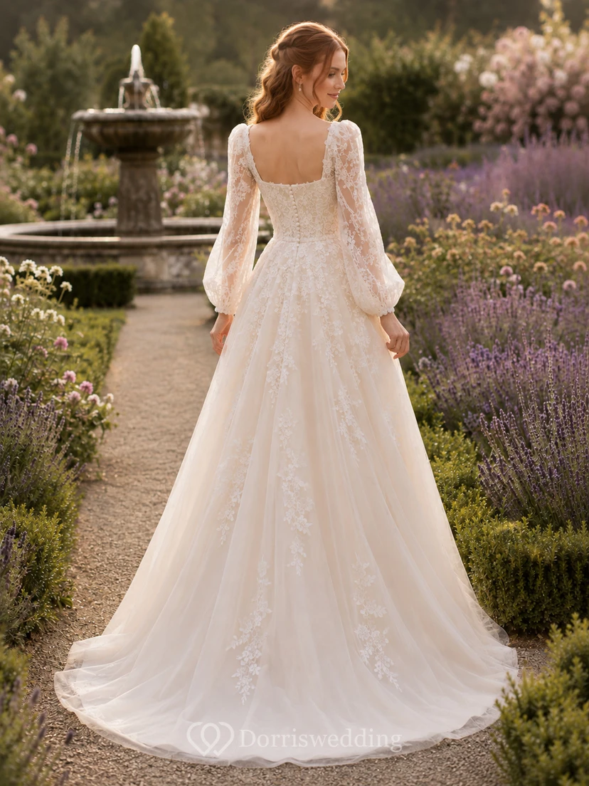 Square Neck Bishop Sleeve Floral Lace Garden Bridal Gown view 2