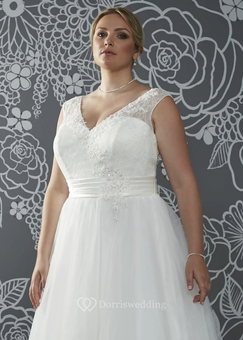 A-Line Floor-Length V-Neck Sleeveless Tulle Sweep Train Low-V Back Appliques Dress view 3
