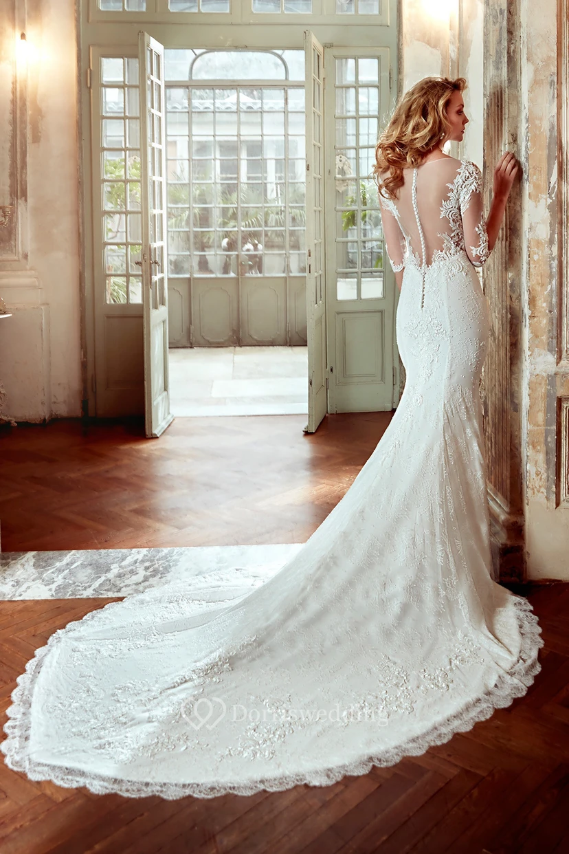 3-4-Sleeve Sheath Lace Wedding Dress With Court Train And Illusive Appliqued Bodice view 2