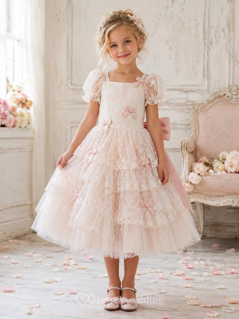 Flower Girl Dress A-Line Blush Lace Tulle Ruffle Bow Party