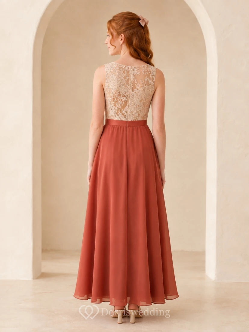 Elegantes, orangefarbenes Brautjungfernkleid im A-Linien-Stil mit Strasssteinen, kurzen Ärmeln und Spitze view 2