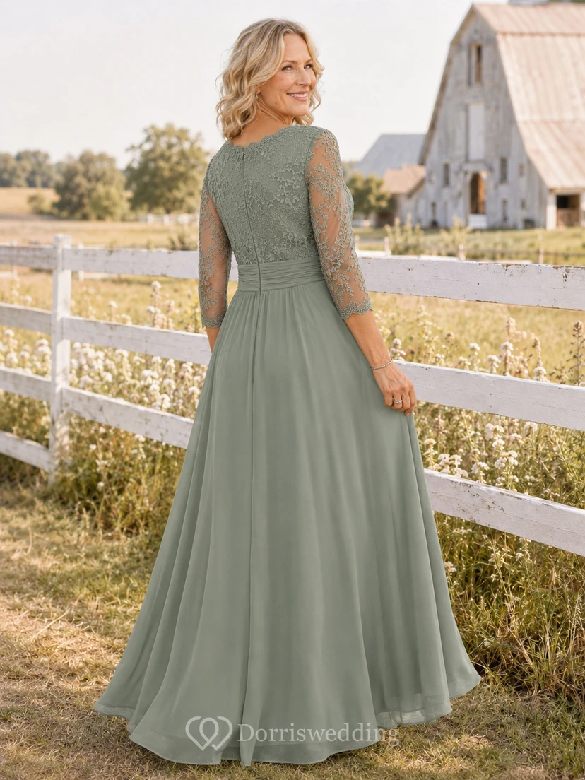 Rustikales, salbeigrünes Chiffon-Kleid in A-Linie, bodenlang, mit V-Ausschnitt und Dreiviertel-Spitzenärmeln view 2