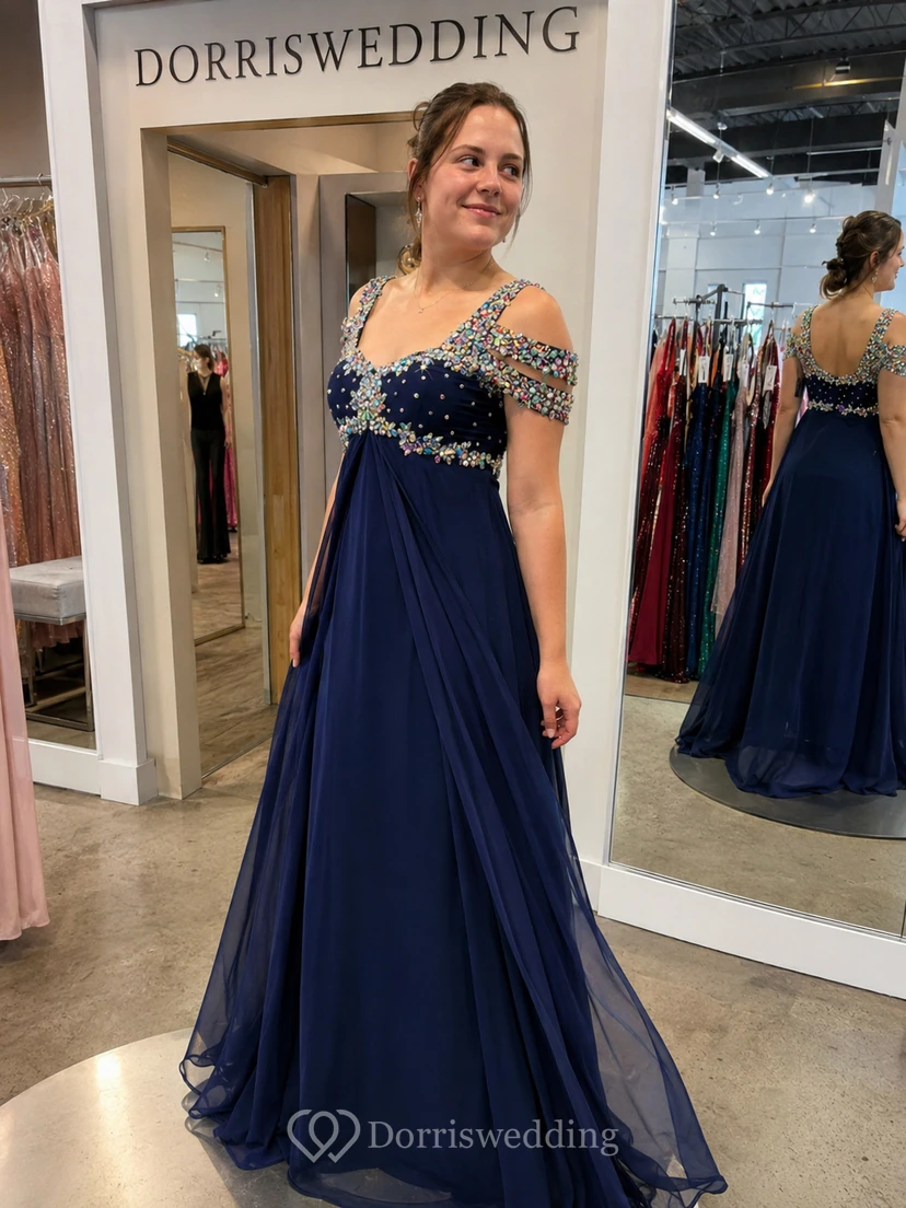 Chiffon-Maxikleid mit Perlenbesatz und Empire-Taille view 8