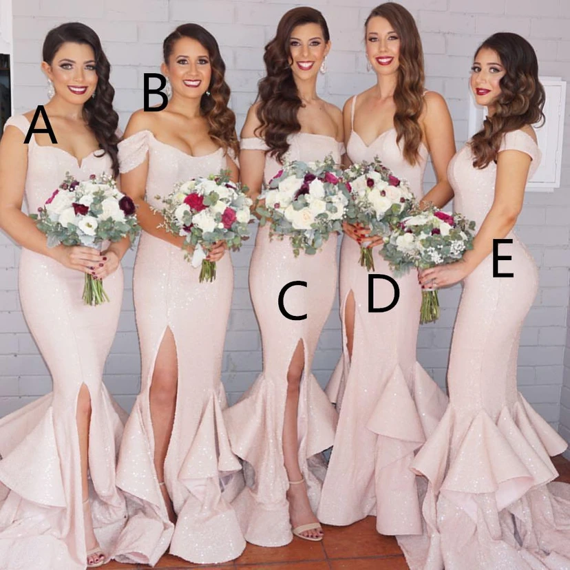 Sexy Mermaid Ruffles Front Split Bridesmaid Dress Off-the-shoulder view 3