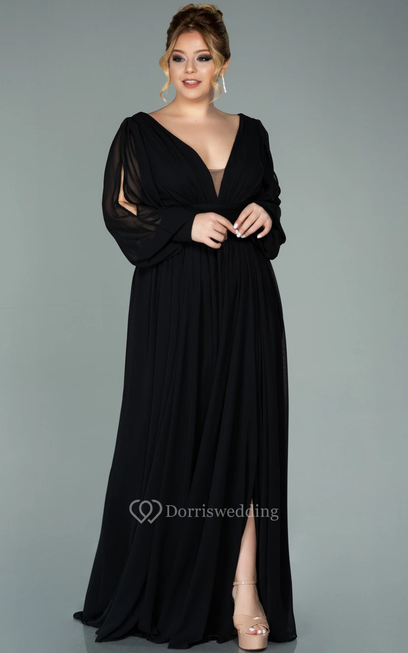 Vestido de noche de gasa con escote en V, manga larga, abertura frontal y pliegues, talla grande view 7